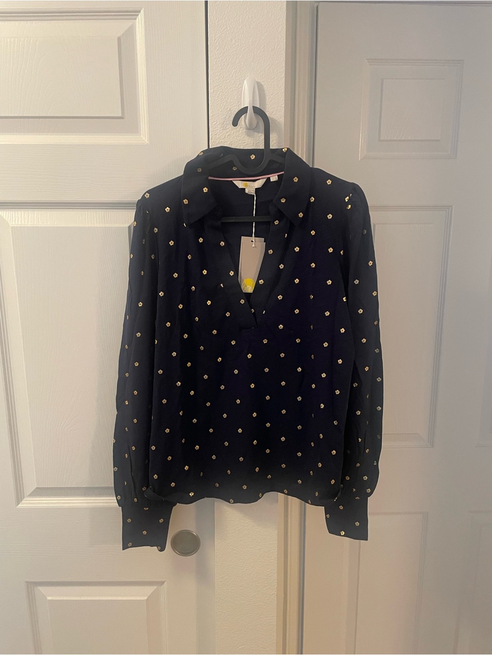 Boden Navy Blouse with Gold Dot Accents